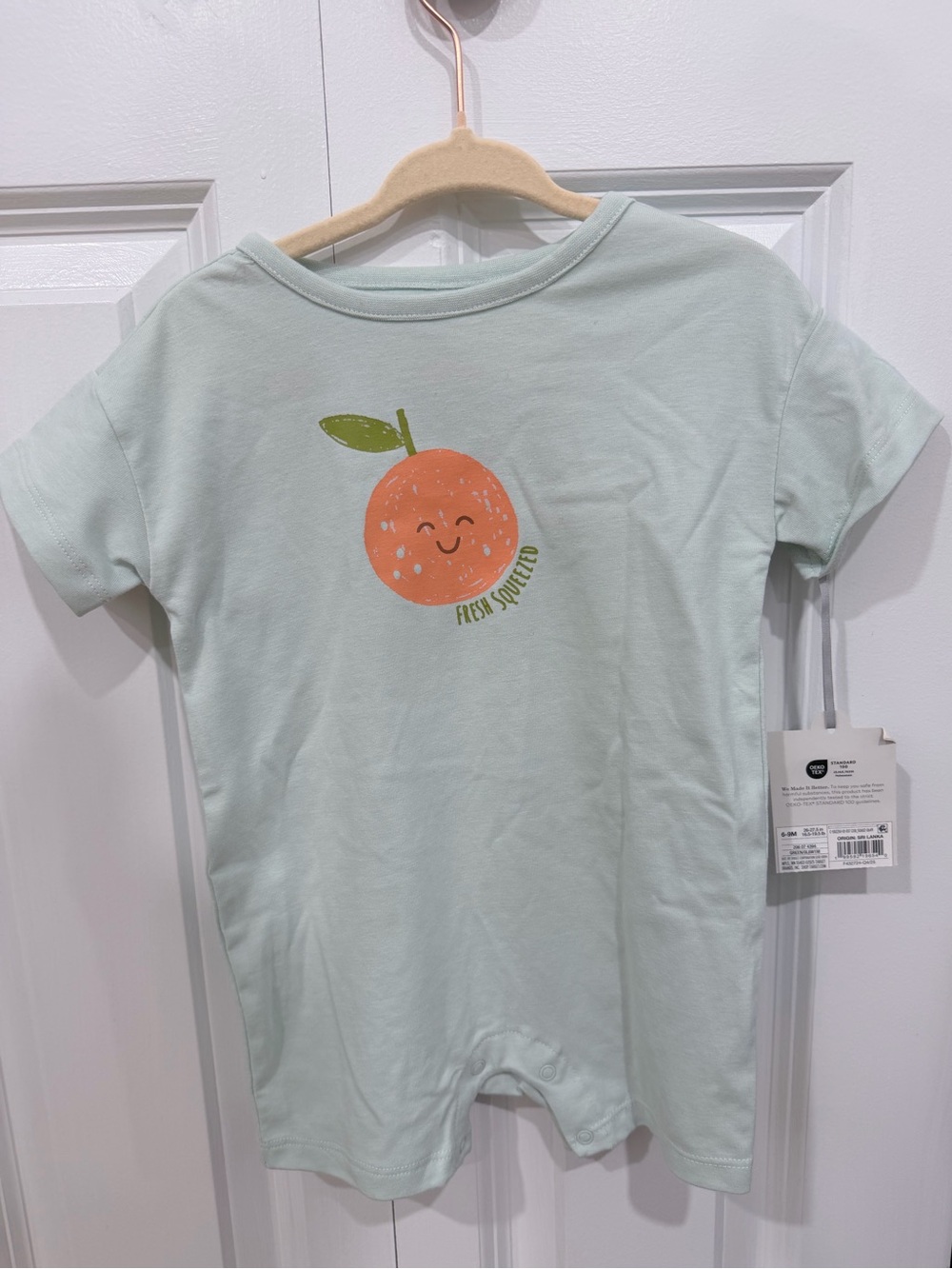 cloud island Mint Green Short-Sleeve Romper with Orange Graphic